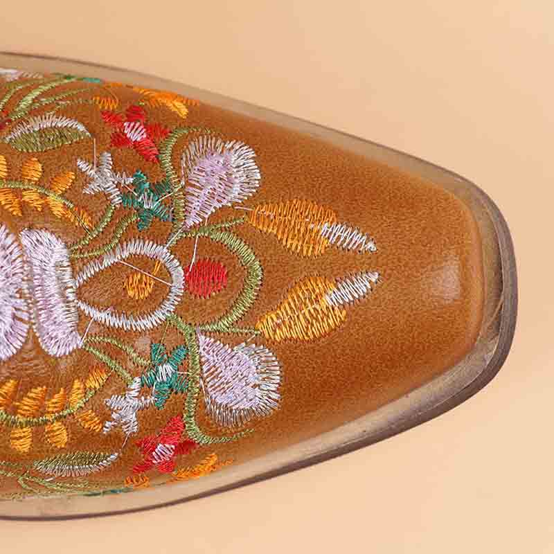 Top view of vintage flower embroidered cowgirl boots showcasing colorful floral designs