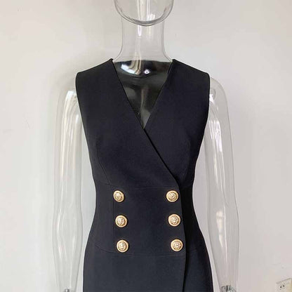 Double Breasted Gold Button Blazer Dress Asymmetric Sleeveless Blazer Midi Dress
