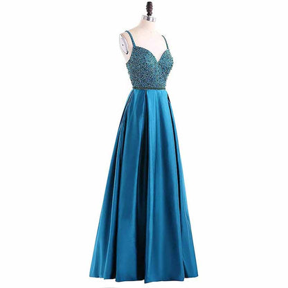 Women's Spaghetti Strap Backless Satin Prom Beads Cocktail Party Maxi Long Dress