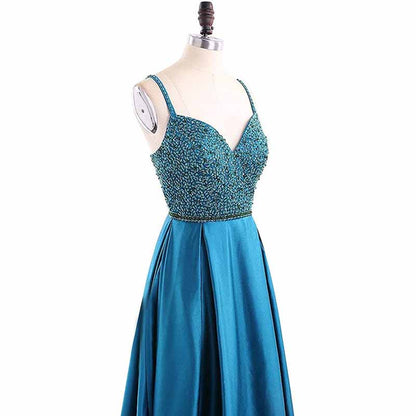 Women's Spaghetti Strap Backless Satin Prom Beads Cocktail Party Maxi Long Dress