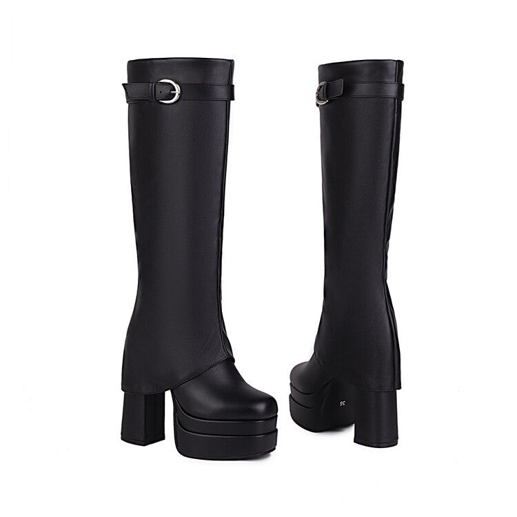 Black waterproof chunky platform boots with knee-high design and stylish buckle detail