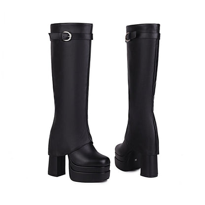 Black waterproof chunky platform boots with knee-high design and stylish buckle detail