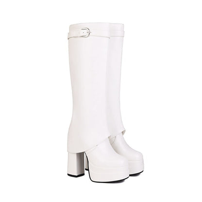 Stylish white waterproof chunky platform boots with a high heel and buckle detail for trendy looks