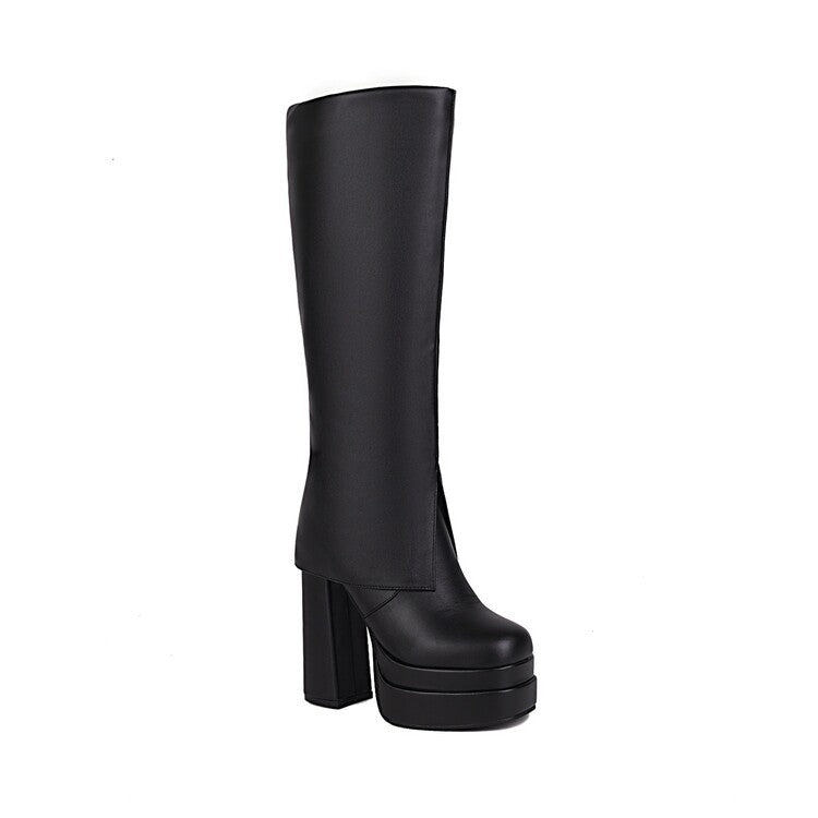Stylish black waterproof platform knee-high boots with a modern design and high block heel