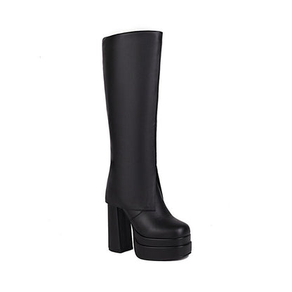 Stylish black waterproof platform knee-high boots with a modern design and high block heel