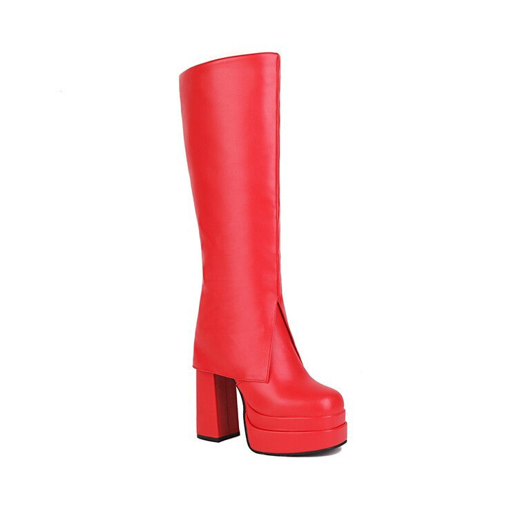 Bright red waterproof platform knee-high boots with stylish block heels for a trendy look