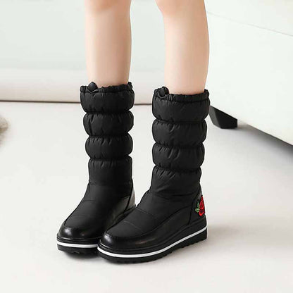 Tucomosi waterproof womens snow boots with stylish puffy design and rose detail for winter comfort