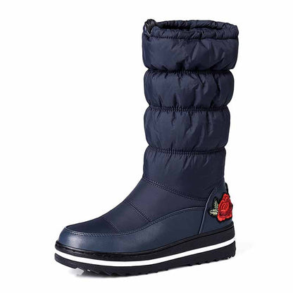Tucomosi waterproof womens snow boots in navy with stylish puffy design and decorative floral accents
