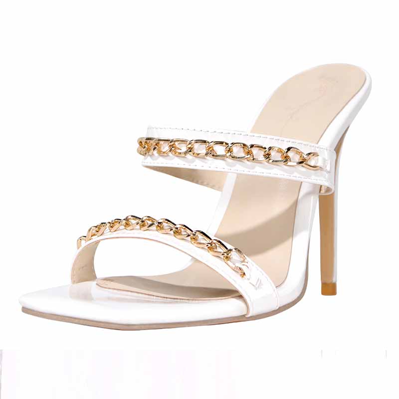 Stylish white wedding heels for summer bride with gold chain detail and stiletto heel