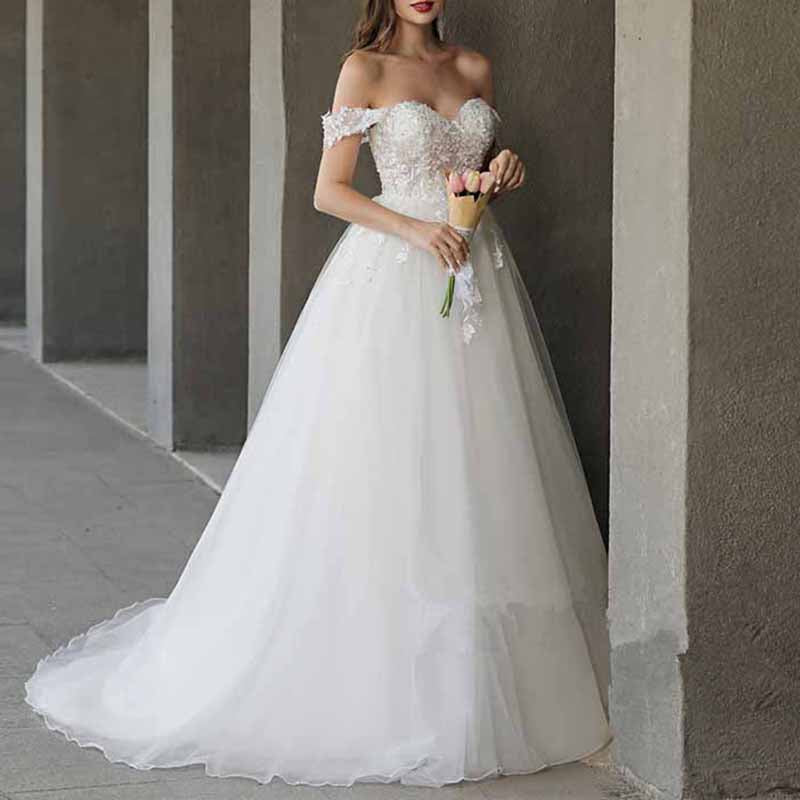 Lace Train Wedding Dress for Bride Aline Applique Bride Dress