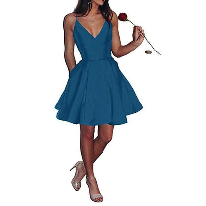 Womens Short Homecoming Dress Satin Spaghetti Strap Formal Prom Dress with Pockets