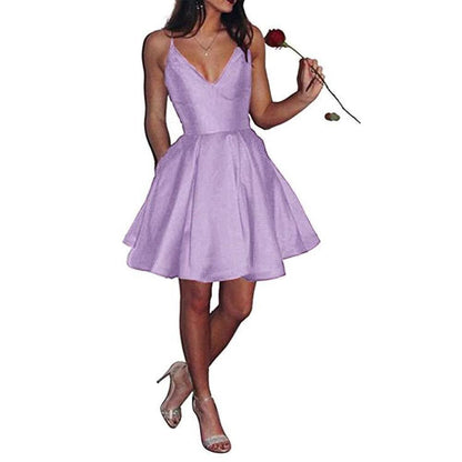 Womens Short Homecoming Dress Satin Spaghetti Strap Formal Prom Dress with Pockets