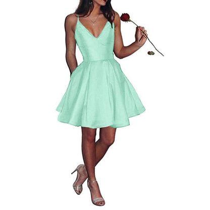 Womens Short Homecoming Dress Satin Spaghetti Strap Formal Prom Dress with Pockets