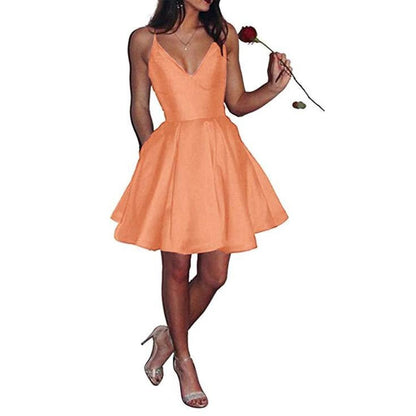 Womens Short Homecoming Dress Satin Spaghetti Strap Formal Prom Dress with Pockets