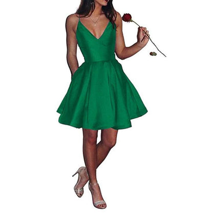 Womens Short Homecoming Dress Satin Spaghetti Strap Formal Prom Dress with Pockets
