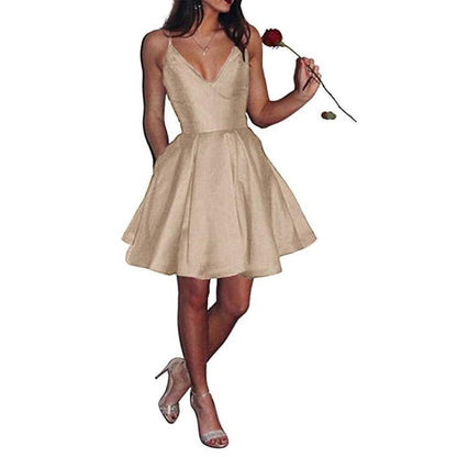 Womens Short Homecoming Dress Satin Spaghetti Strap Formal Prom Dress with Pockets
