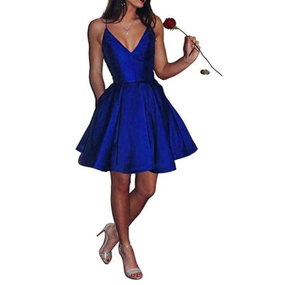 Womens Short Homecoming Dress Satin Spaghetti Strap Formal Prom Dress with Pockets