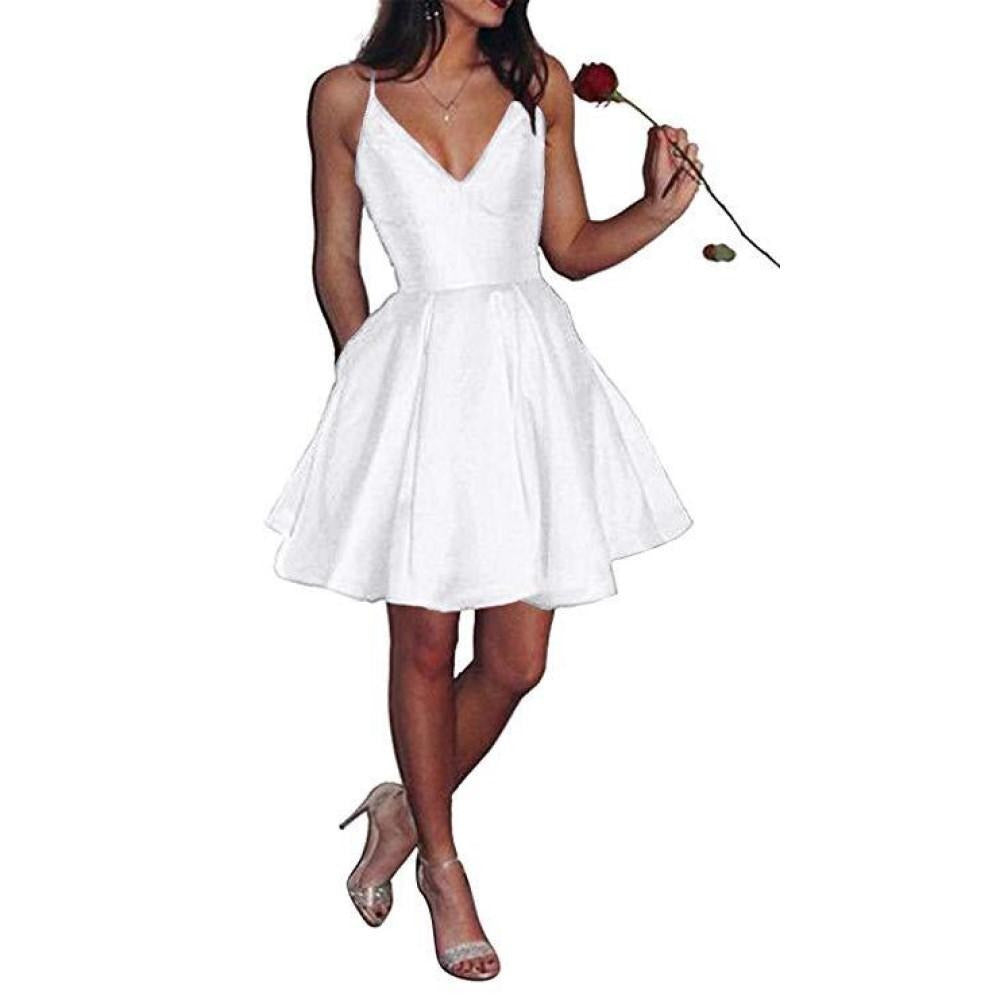 Womens Short Homecoming Dress Satin Spaghetti Strap Formal Prom Dress with Pockets