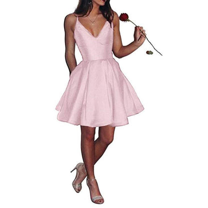 Womens Short Homecoming Dress Satin Spaghetti Strap Formal Prom Dress with Pockets