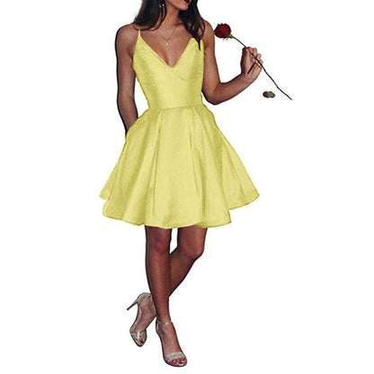 Womens Short Homecoming Dress Satin Spaghetti Strap Formal Prom Dress with Pockets