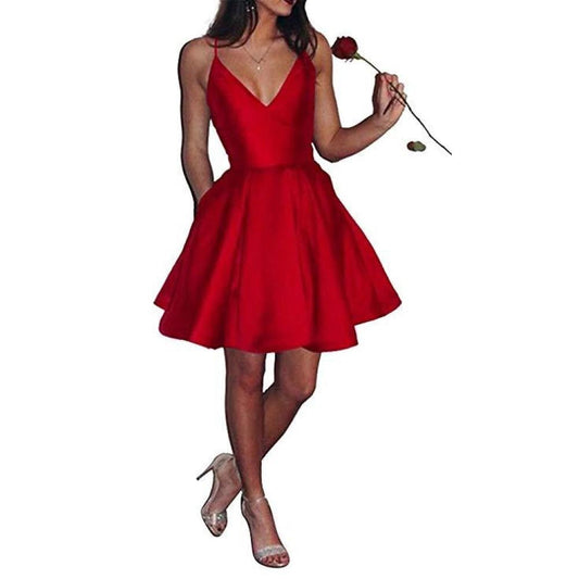 Womens Short Homecoming Dress Satin Spaghetti Strap Formal Prom Dress with Pockets