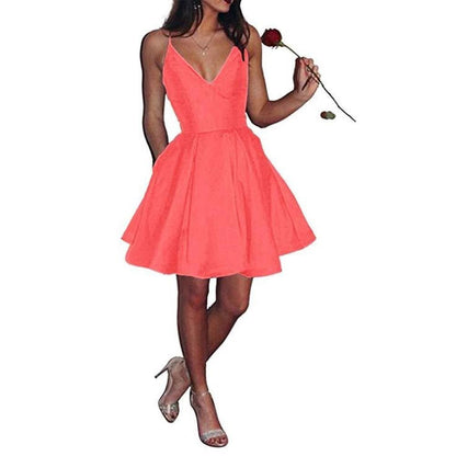 Womens Short Homecoming Dress Satin Spaghetti Strap Formal Prom Dress with Pockets