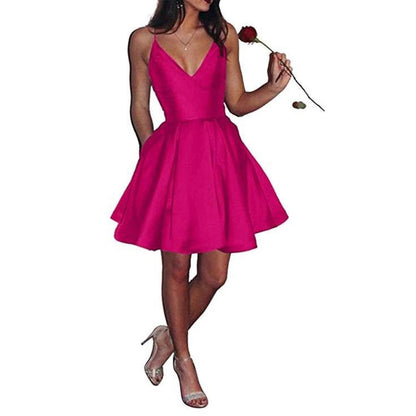 Womens Short Homecoming Dress Satin Spaghetti Strap Formal Prom Dress with Pockets