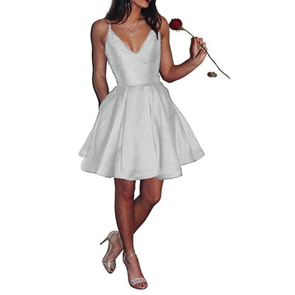 Womens Short Homecoming Dress Satin Spaghetti Strap Formal Prom Dress with Pockets