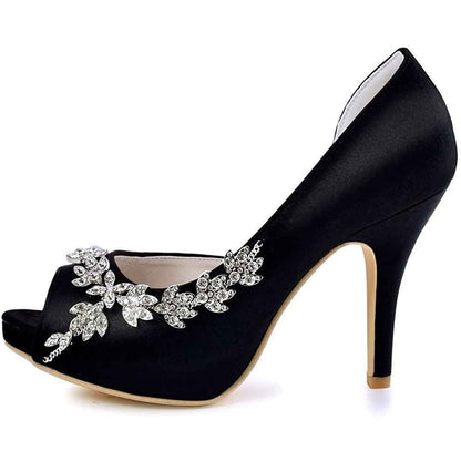 Elegant satin wedding heels for women with crystal floral embellishments and stylish peep-toe design