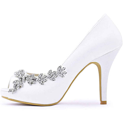 Elegant white satin wedding heels for women with decorative crystal embellishments