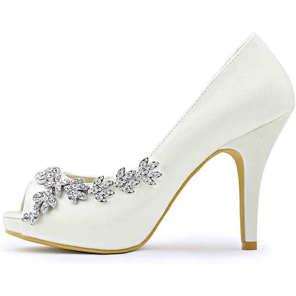 Elegant satin wedding heels for women with a jeweled floral design and peep-toe style
