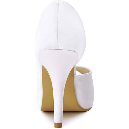 Elegant back view of satin wedding heels for women with high stiletto heel in classic white
