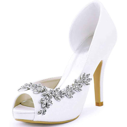Elegant satin wedding heels for women with decorative embellishments and open toe design