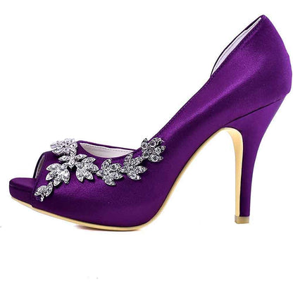 Purple satin wedding heels for women with sparkling rhinestone embellishments and peep toe design