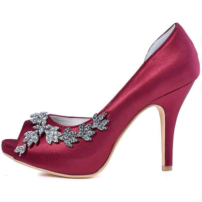 Elegant burgundy satin wedding heels for women with decorative rhinestone embellishments