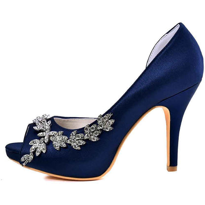 Elegant navy blue satin wedding heels for women featuring sparkling floral embellishments