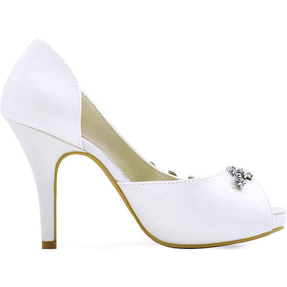 Elegant white satin wedding heels for women with peep toe and embellished design