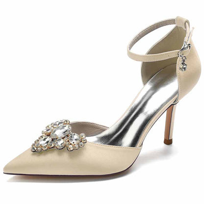 Rhinestone Ankle Strap Heeled Sandals Satin Pointy Toe Stilettos Wedding Shoes Women