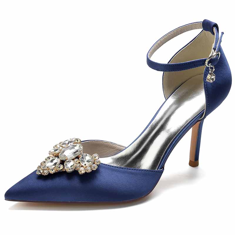 Rhinestone Ankle Strap Heeled Sandals Satin Pointy Toe Stilettos Wedding Shoes Women