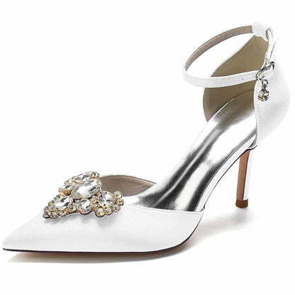 Rhinestone Ankle Strap Heeled Sandals Satin Pointy Toe Stilettos Wedding Shoes Women