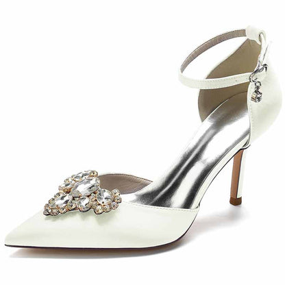 Rhinestone Ankle Strap Heeled Sandals Satin Pointy Toe Stilettos Wedding Shoes Women