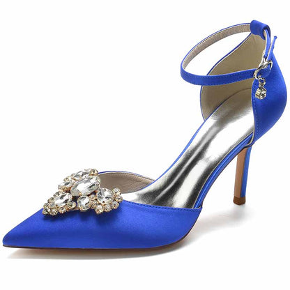 Rhinestone Ankle Strap Heeled Sandals Satin Pointy Toe Stilettos Wedding Shoes Women