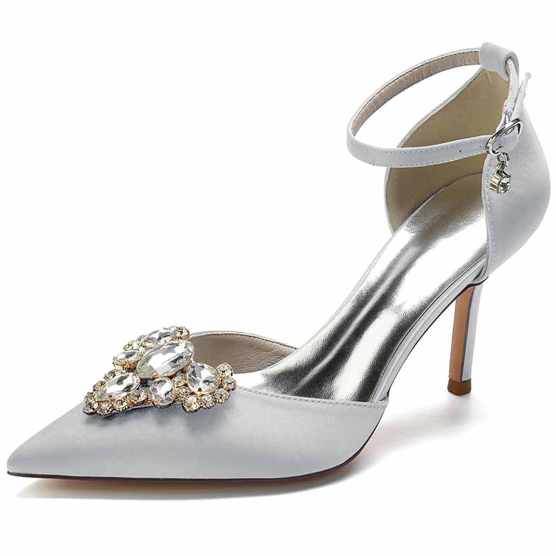 Rhinestone Ankle Strap Heeled Sandals Satin Pointy Toe Stilettos Wedding Shoes Women