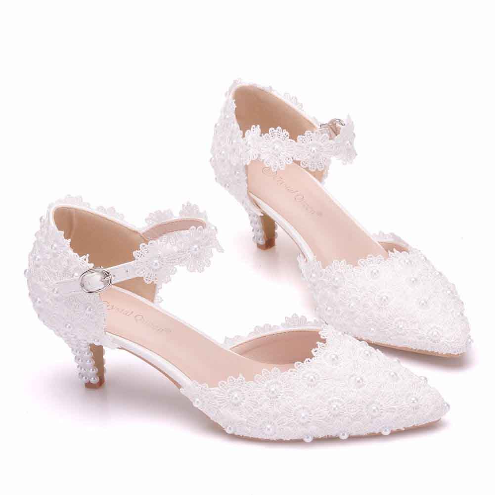 Women Low Heels Sandals White Lace Pearls Wedding Shoes Pointed Toe Bridal Shoes