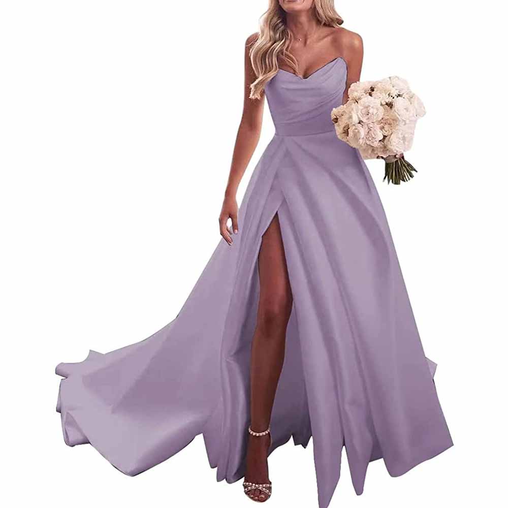 Strapless Prom Dress Ball Gown Wedding Dress Plus Size Satin A Line Formal Evening Gowns