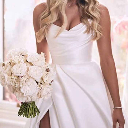 Strapless Prom Dress Ball Gown Wedding Dress Plus Size Satin A Line Formal Evening Gowns