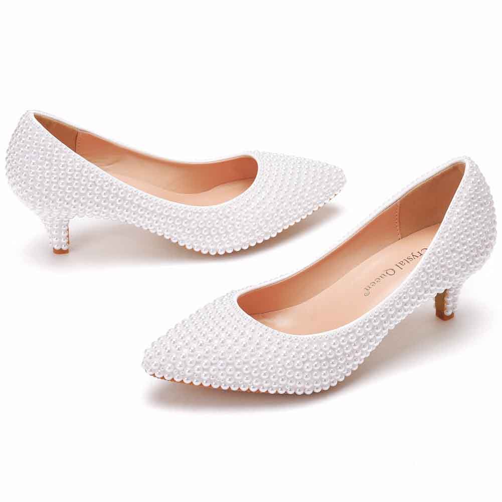 Women Pumps Thin Heels Pointed Toe Shoes Pearls Wedding Bridal Princess Shoes