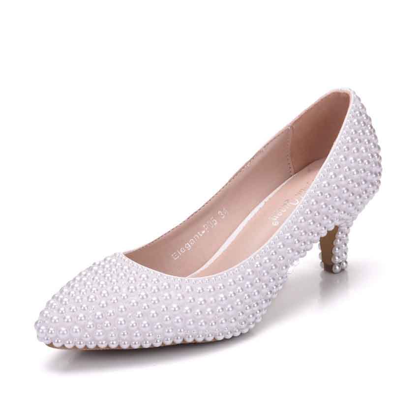 Women Pumps Thin Heels Pointed Toe Shoes Pearls Wedding Bridal Princess Shoes