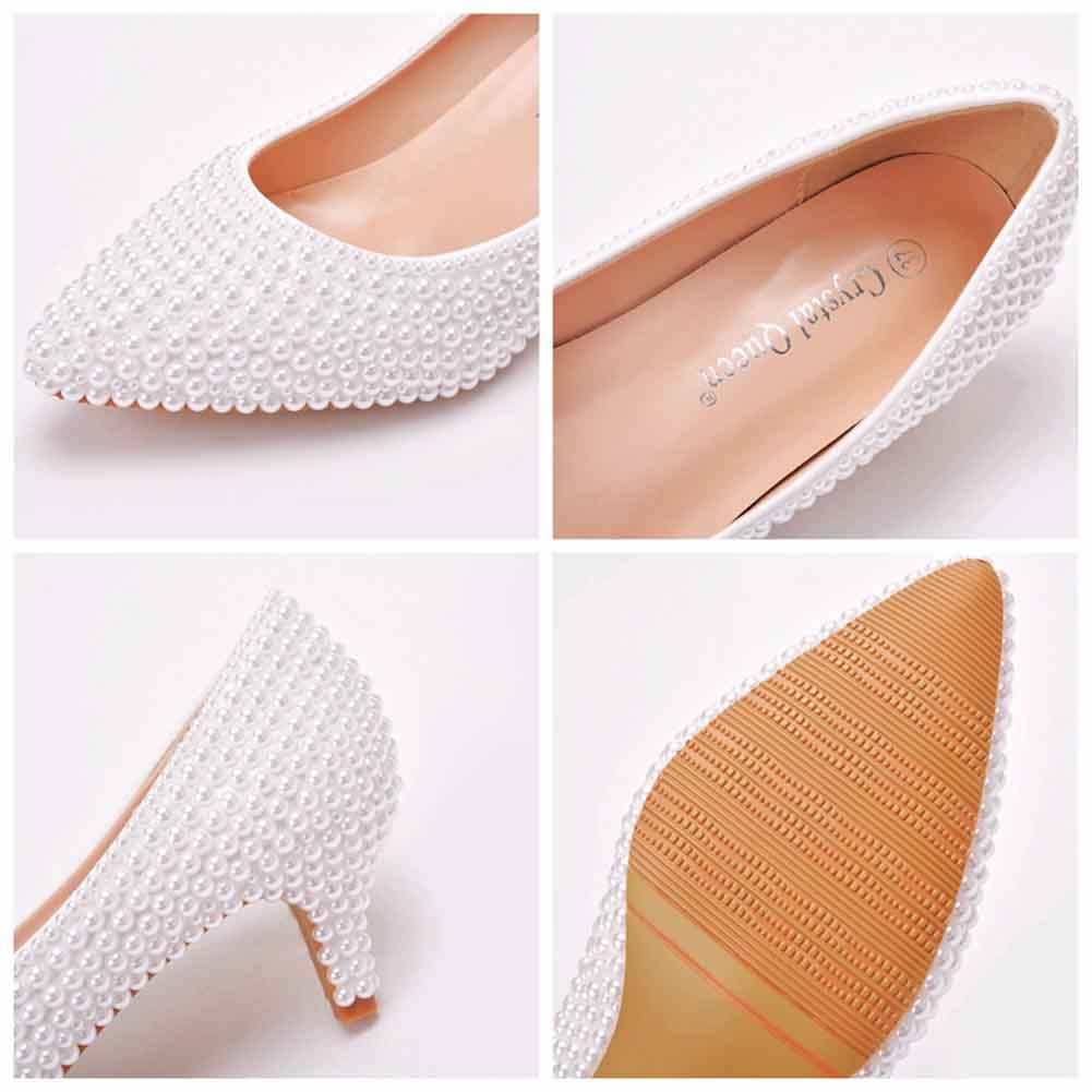 Women Pumps Thin Heels Pointed Toe Shoes Pearls Wedding Bridal Princess Shoes