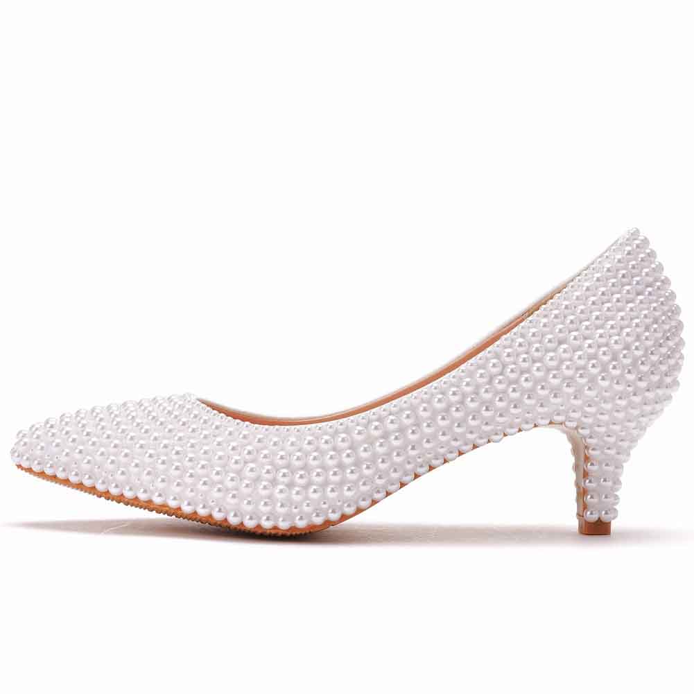 Women Pumps Thin Heels Pointed Toe Shoes Pearls Wedding Bridal Princess Shoes